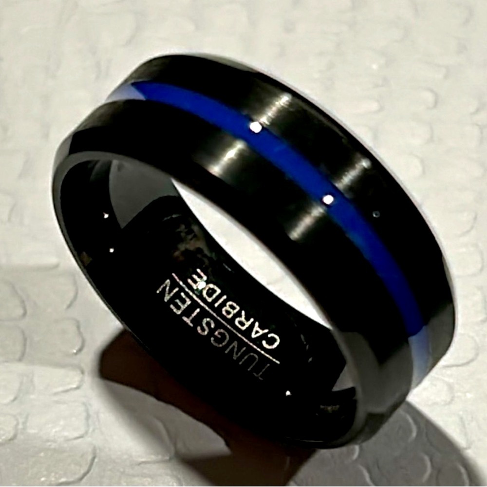 Tungsten Carbide Black Blue Center Groove Beveled Edge Ring